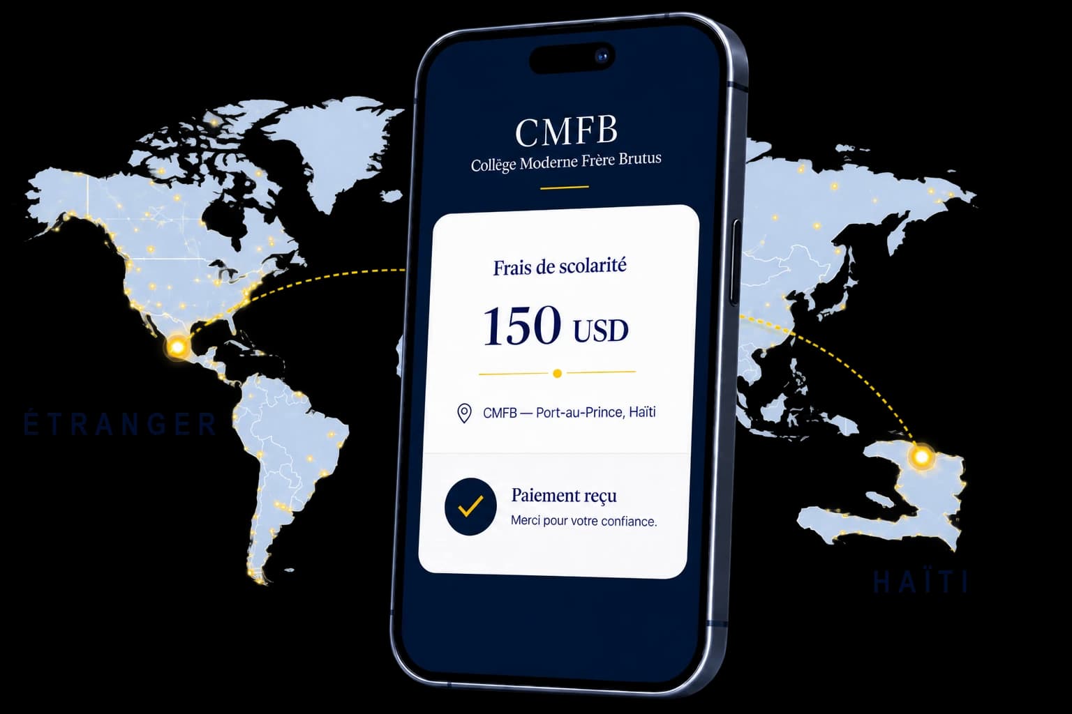 Téléphone affichant un paiement de frais de scolarité CMFB envoyé de l’étranger vers Haïti